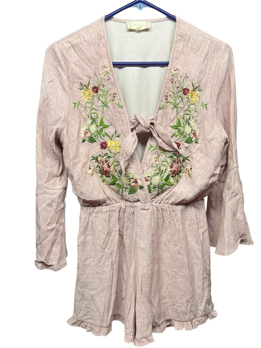 Altar'd State Joanna Mauve Pink Romper Floral Embroidery Bell Sleeves